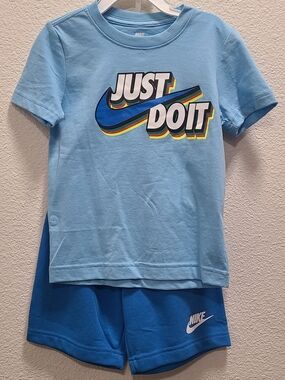 Nike Kids Light Blue and Royal Blue 'Just Do It' Tee & Shorts Set